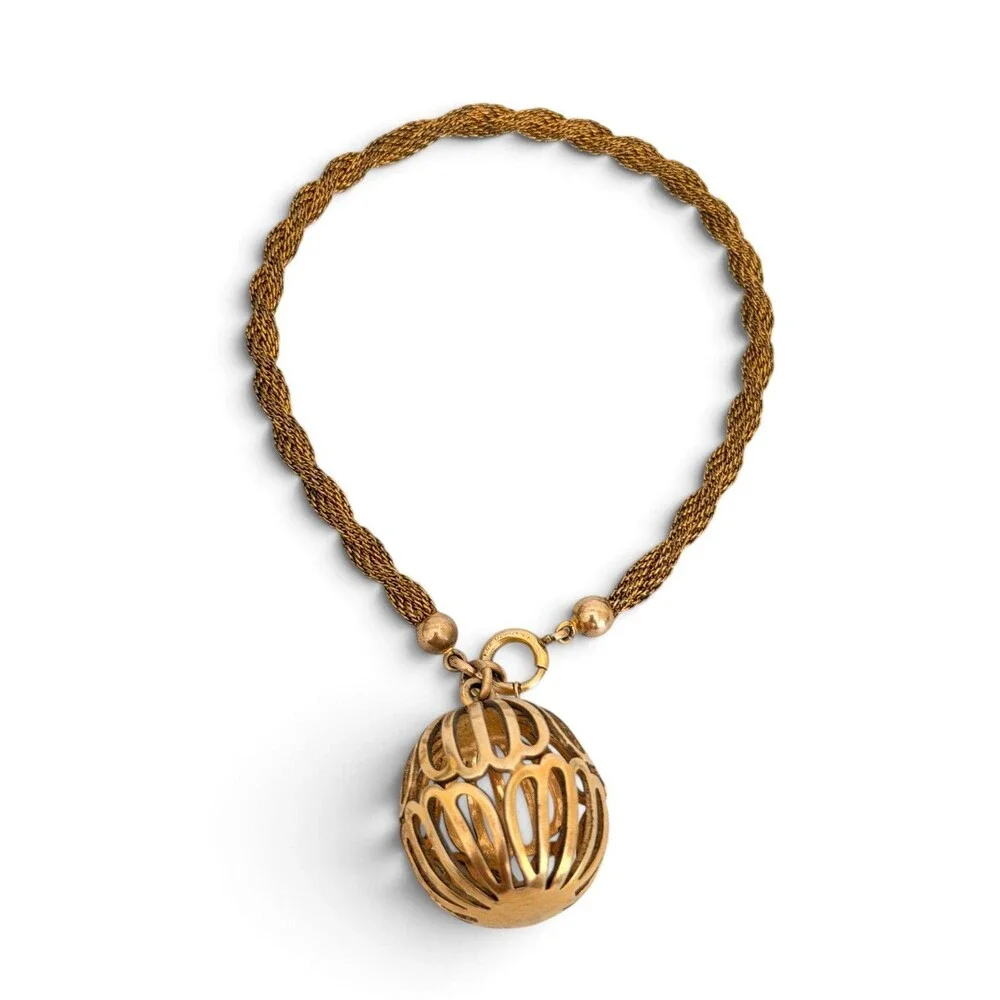 Vintage 12K Gold Filled Mesh Cord Bracelet Orb Cage Pendant F.C. Co.